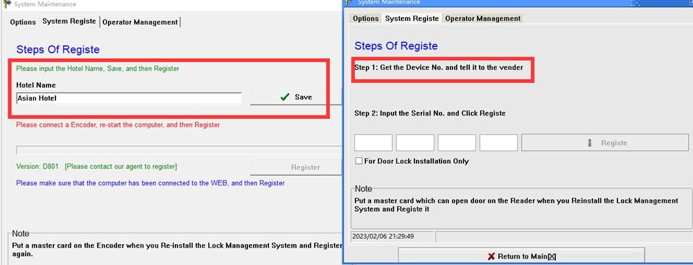 Hotel door lock system management software register